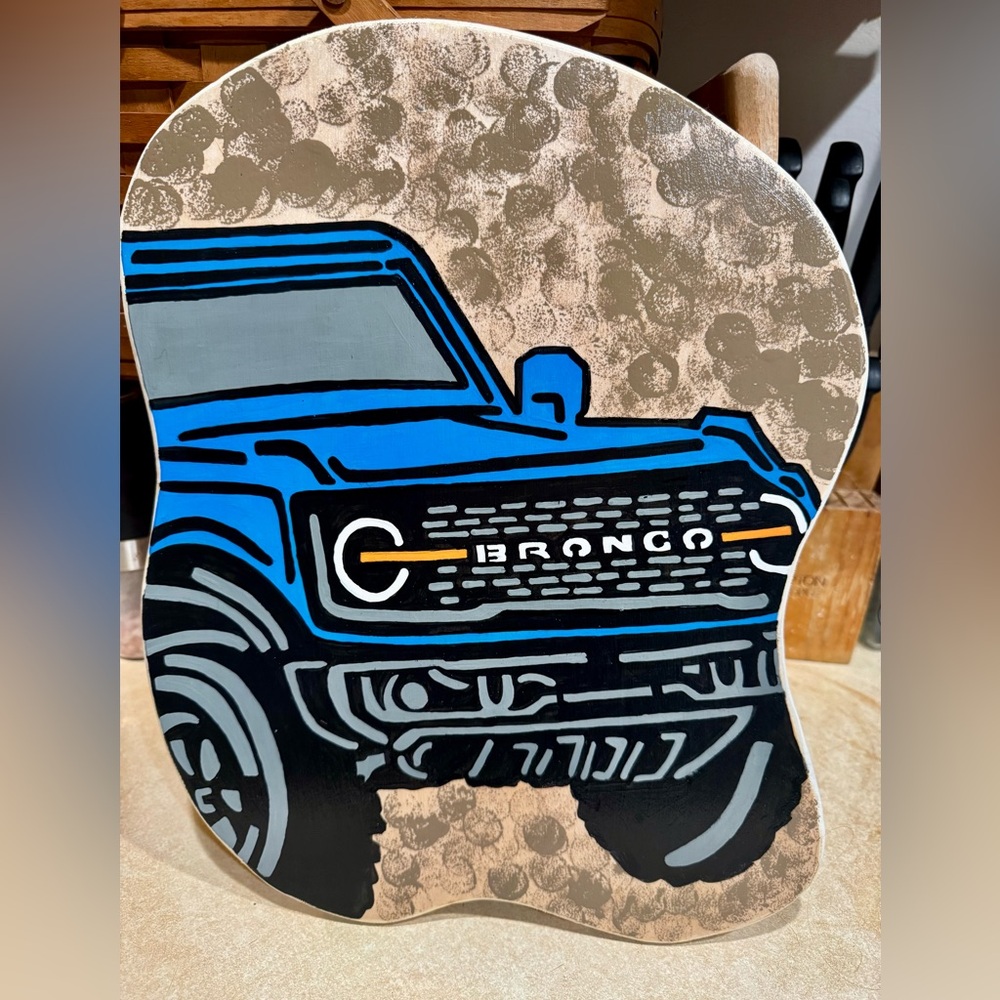 Hand Painted Wooden Blue and Black Bronco Wall Art for Car Enthusiasts Man Cave